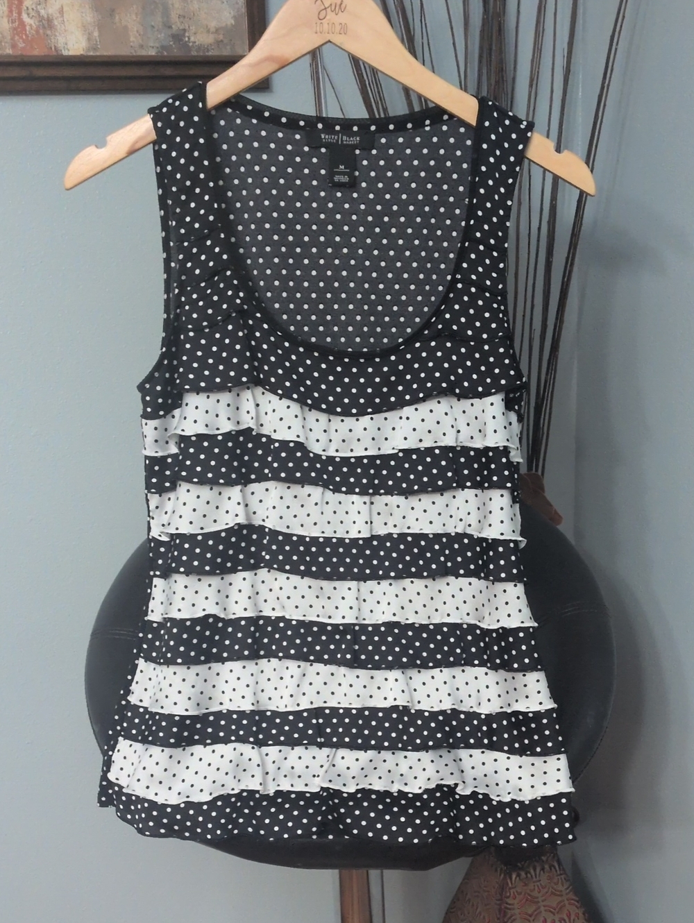 White House Black Market Black and White Polka Dot Ruffle Tank